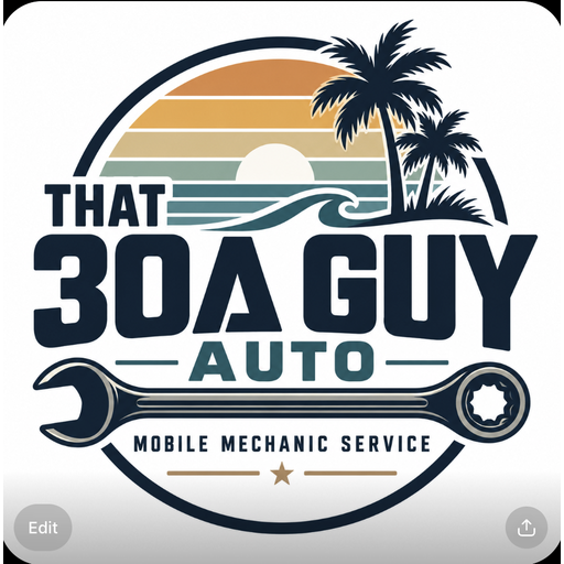 Logo for 'That 30A Guy Auto,' a mobile mechanic service, featuring a sunset, palm trees, and a wrench.