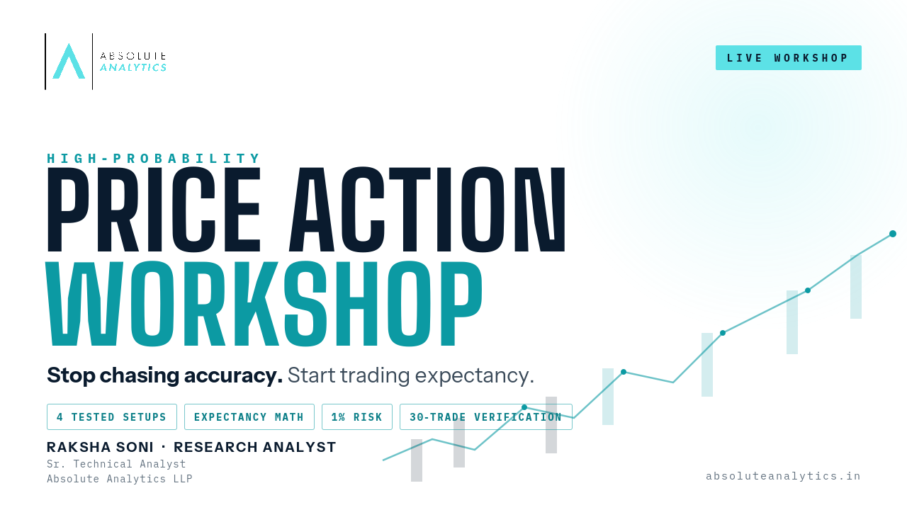 High-Probability Price Action Workshop by Absolute Analytics LLP with Raksha Soni. Topics include tested setups, expectancy math, 1% risk and 30-trade verification.