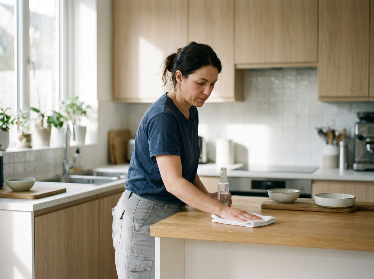 Professional cleaner wiping a countertop in a bright, modern kitchen.