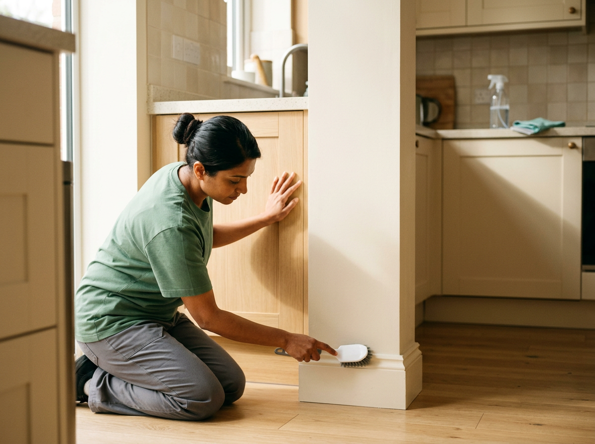 Professional cleaner scrubbing a baseboard during a detailed home cleaning.