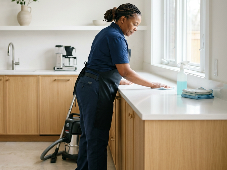 Professional cleaner wiping a kitchen countertop in a bright, modern home