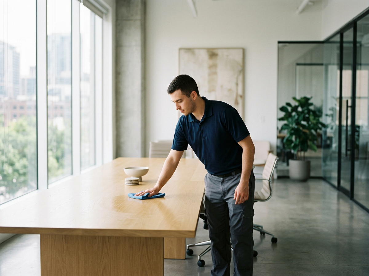 Professional cleaner wiping a large wooden conference table in a modern office.