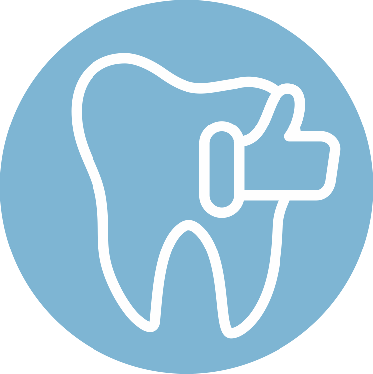 Icon of a tooth with a thumbs-up hand sign inside it, on a blue circular background.