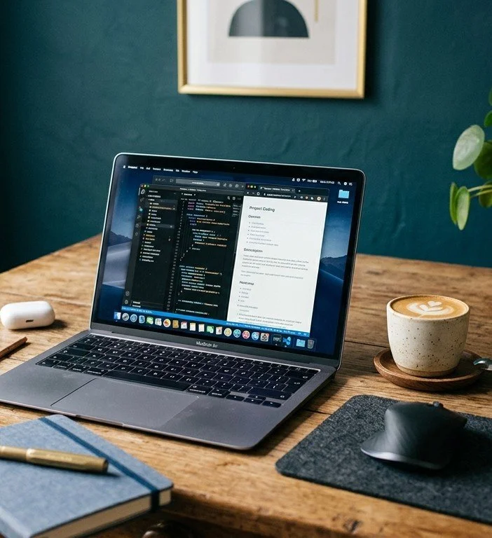 Open laptop on a wooden desk with a coffee cup, a notebook with a pen, a wireless mouse, and a small plant in the background.