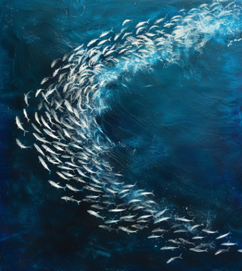 School of fish swimming in a spiral pattern in the ocean.