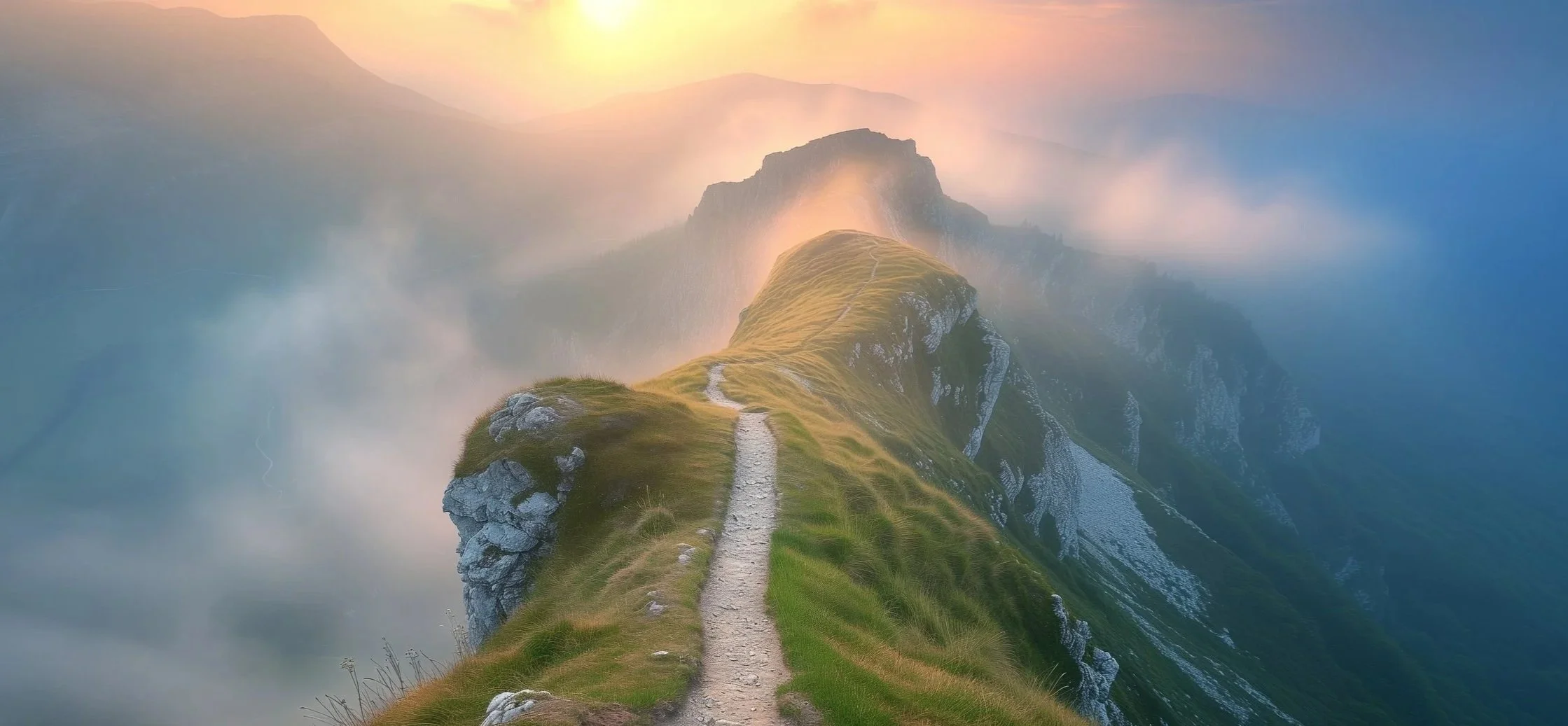 A narrow path winds along a grassy ridge with cliffs on either side, leading to a mountain peak surrounded by clouds and mist at sunrise or sunset.