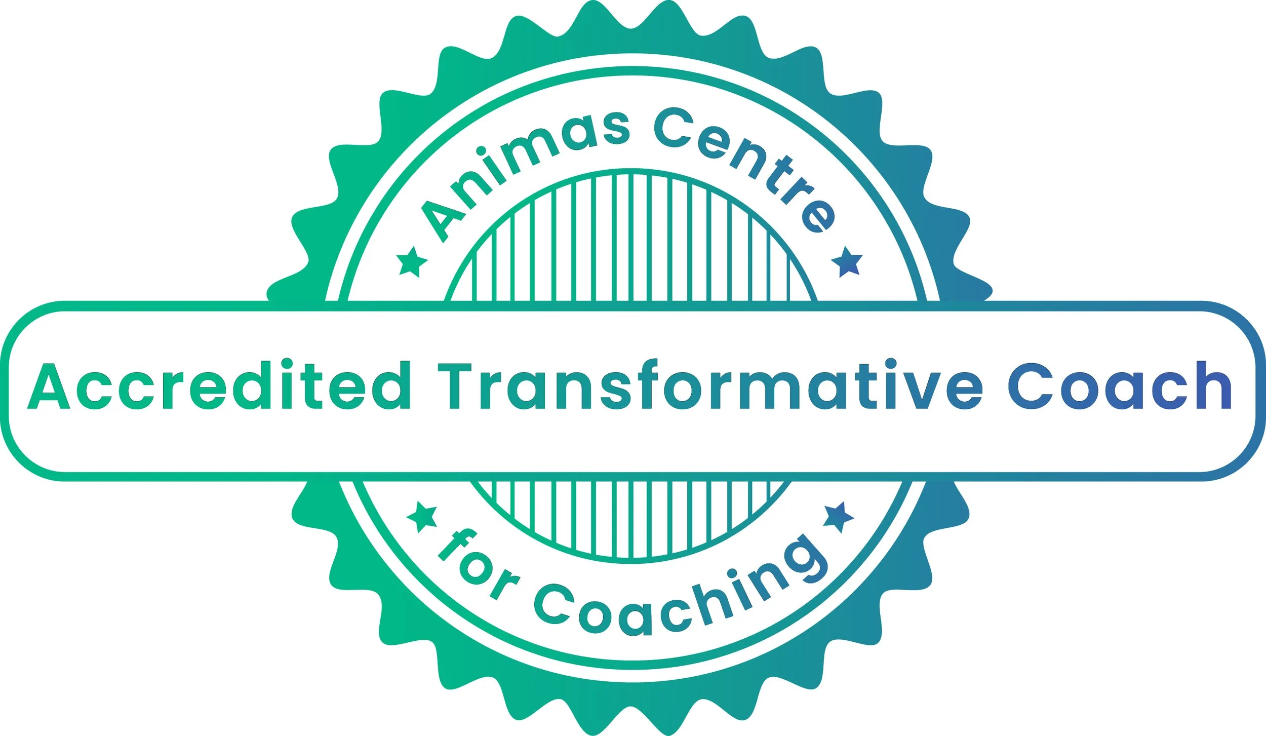 Badge with a teal and blue starburst design and the words 'Animas Centre for Coaching' and 'Accredited Transformative Coach' in the centre.