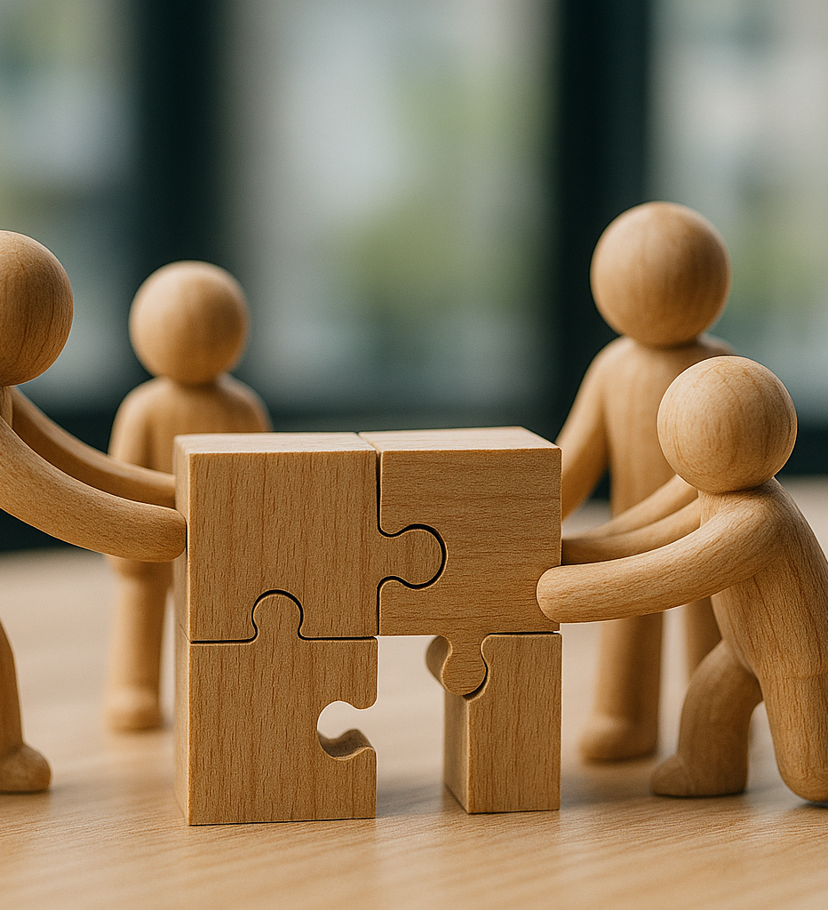 Four wooden figures hold large wooden puzzle pieces, connecting them together.