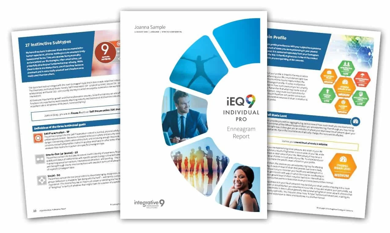 Front cover of an iEQ9 Individual Pro Enneagram report featuring a stylized human figure, a business person, a group of people, and a smiling woman, with additional pages showing graphs, charts, and text.
