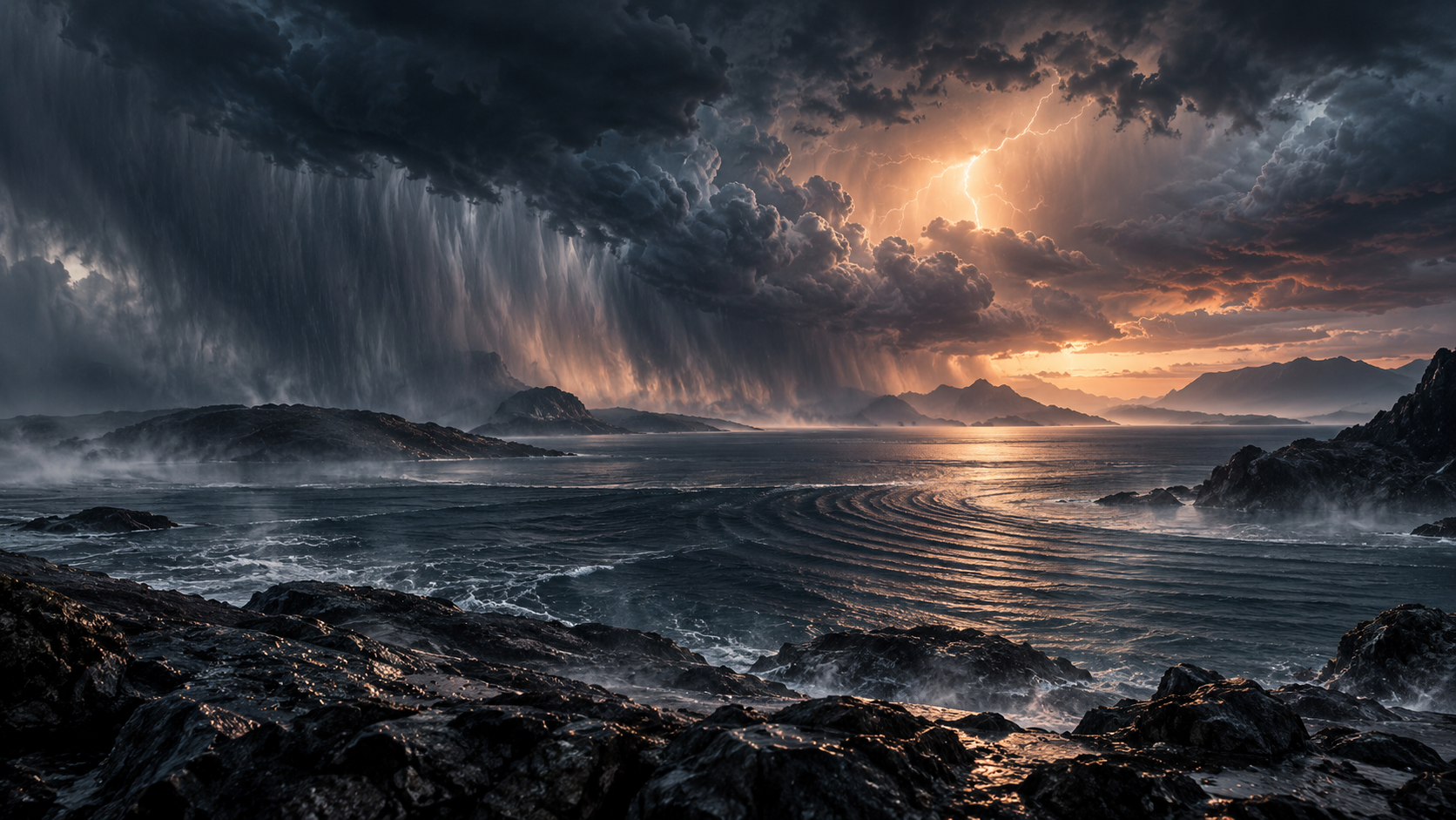 Lightning over a dark ocean representing the CMF Storm journey.