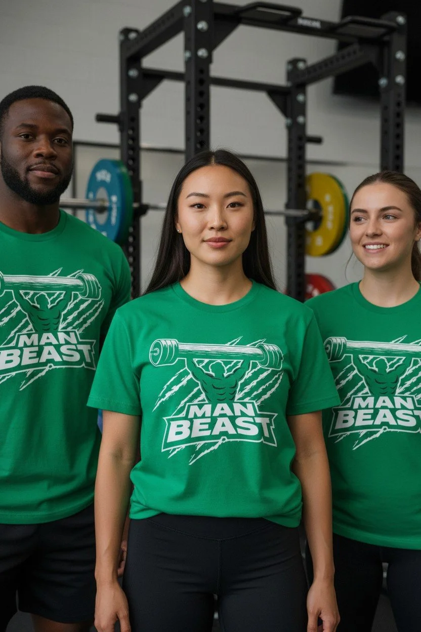 Three people in green "Man Beast" workout shirts standing in a gym with weightlifting equipment in the background.
