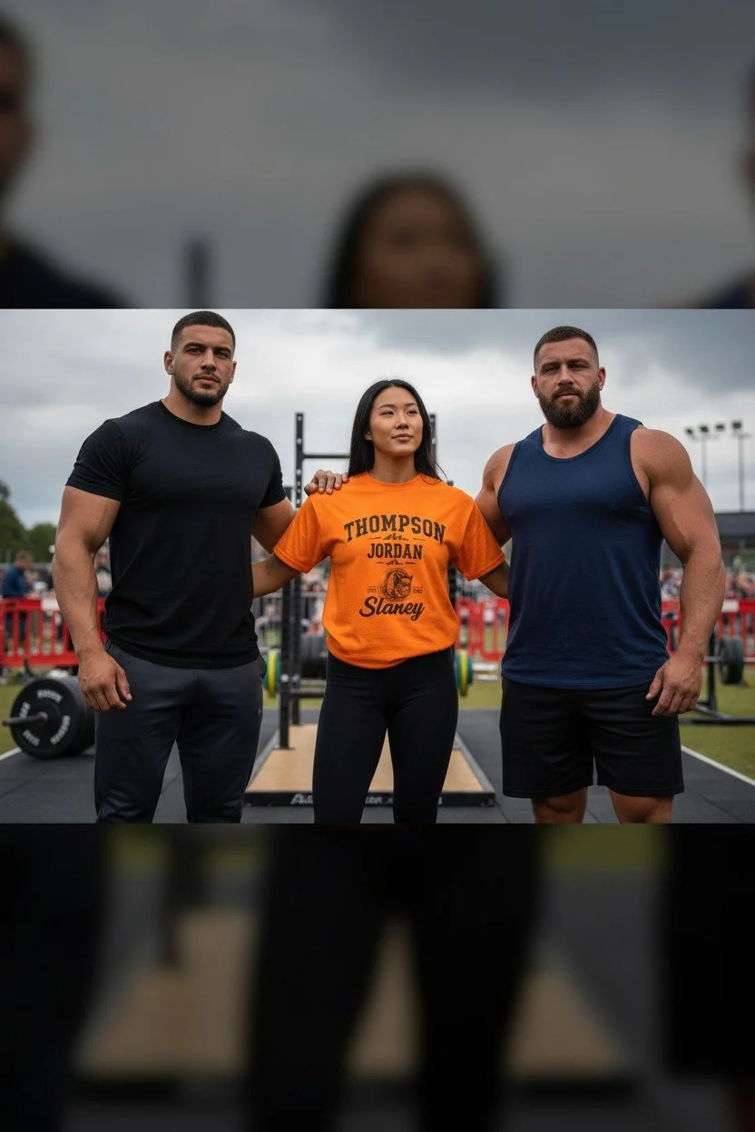 Three athletes, two men and one woman, standing together outdoors at a gym or fitness event, with weightlifting equipment and cloudy sky in the background.