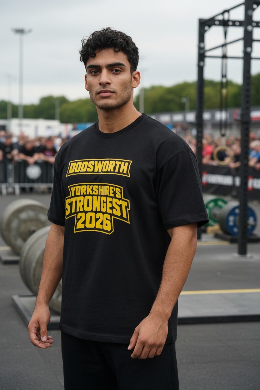 A young man with dark, curly hair standing outdoors at a strongman competition or event with an overcast sky in the background. He is wearing a black T-shirt with bold yellow text that reads "DOOSWORTH YORSHIRE'S STRONGEST 2026." In the background, there are weightlifting equipment and an audience watching the event.
