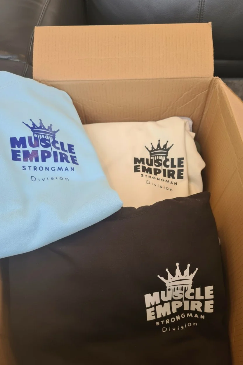 Open cardboard box containing three folded t-shirts with the 'Muscle Empire' logo, each in different colors: light blue, white, and black.