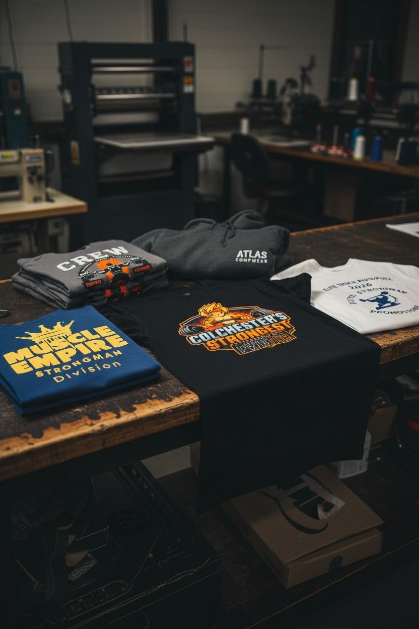 Clothes and accessories, including a blue t-shirt with yellow text, a gray hoodie, and a black t-shirt with logo, laid out on a wooden workbench in a workshop with sewing machines and equipment in the background.