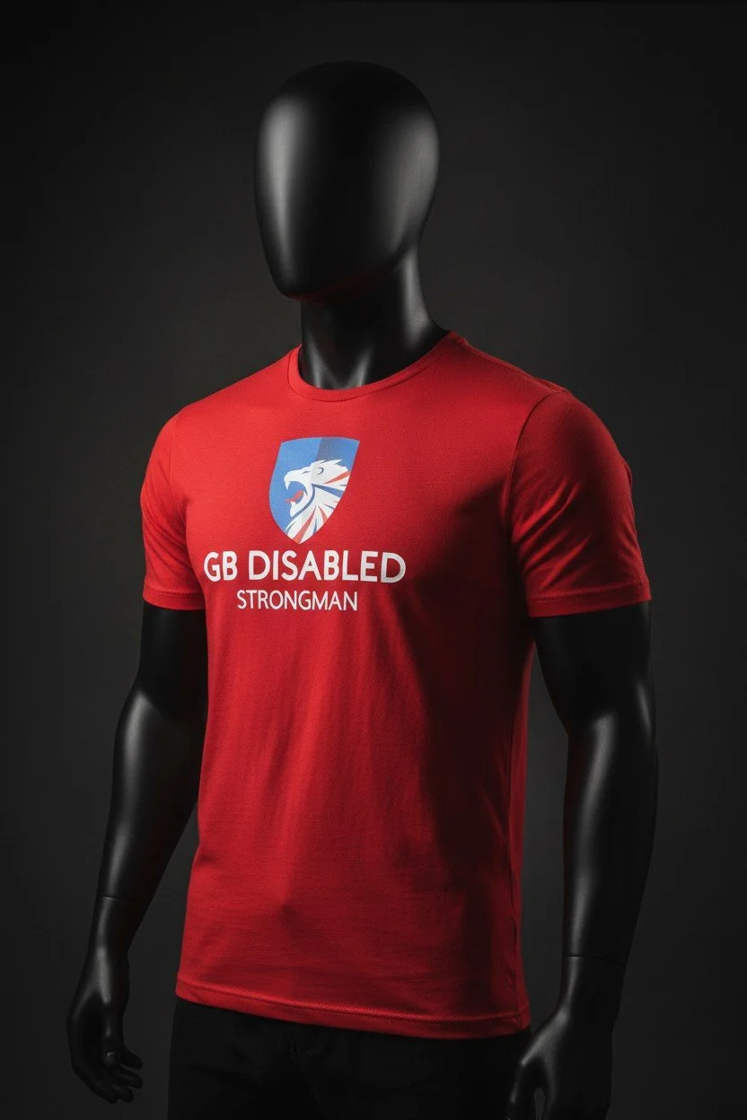 Black mannequin wearing a red T-shirt with a logo of a lion's head in a shield, and text that reads 'GB DISABLED STRONGMAN'.
