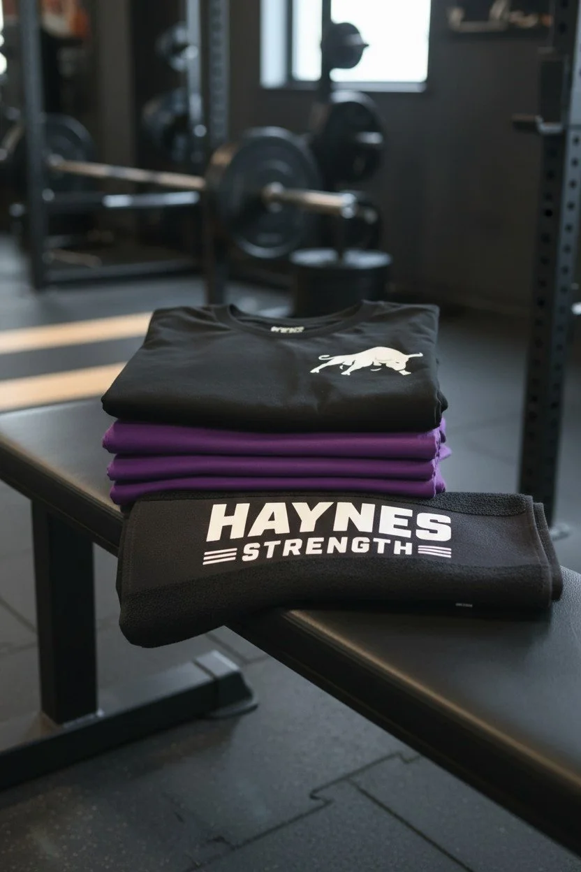 Stacked folded sportswear including black and purple shirts and a black wristband with white text, on a workout bench at the gym.