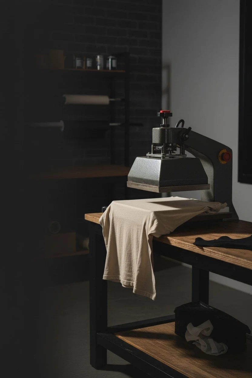 A fabric cutting machine on a wooden workbench in a factory or workshop setting.