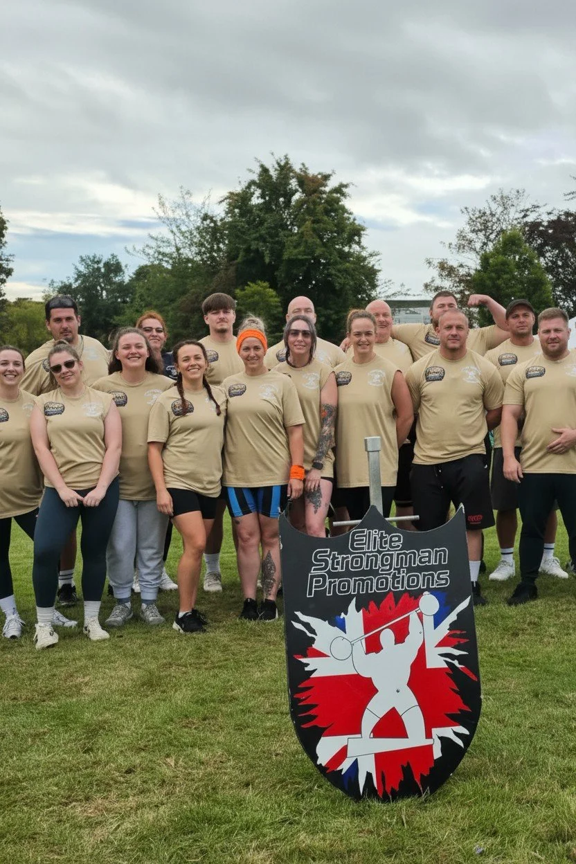 Group of strongman competitors wearing matching tan shirts, standing outdoors on grass, with a banner reading 'Elite Strongman Promotions' front and center.