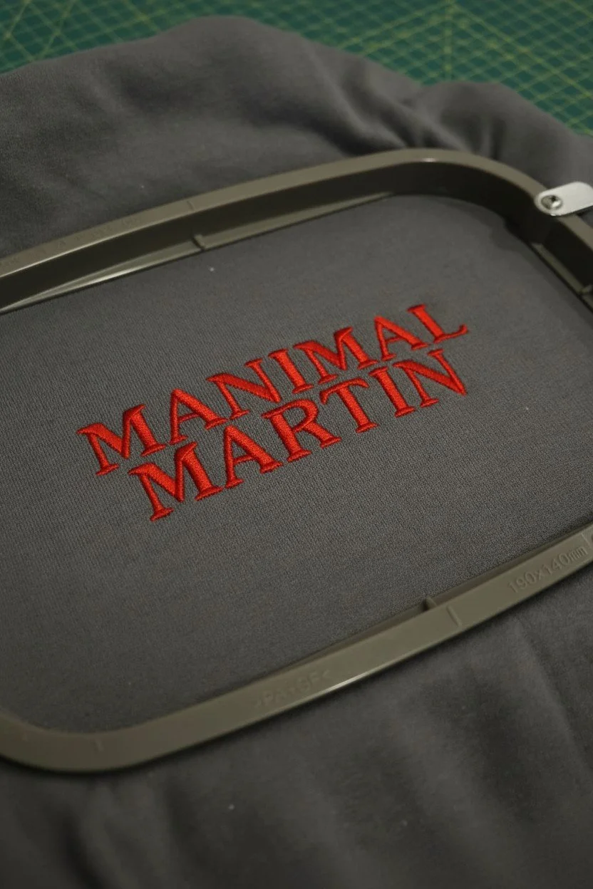A close-up of a grey fabric with red embroidered text 'MANIMAL MARTIN' on it, partially framed by a grey object.