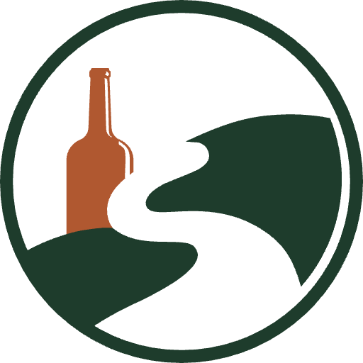 River Bend Cellars & Spirits logo: a wine bottle beside a winding river