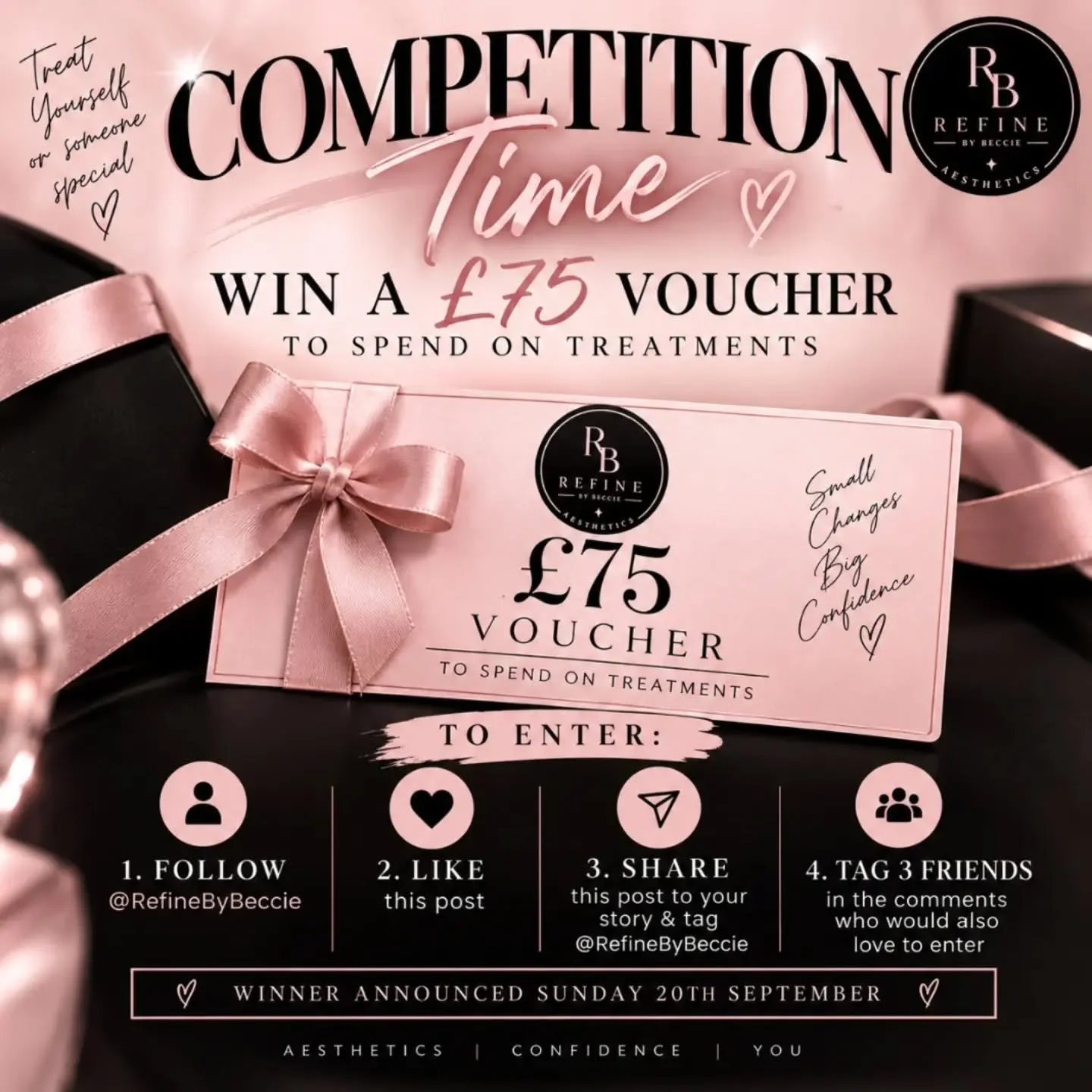 🩷 COMPETITION TIME! 🩷

I&rsquo;m giving one lucky person &pound;75 to spend on treatments at Refine by Beccie! ✨

Fancy a little treat? Or know someone who deserves one? 👀💗

To enter:
✨ Follow @RefineByBeccie
❤️ Like this post
📲 Share this post 