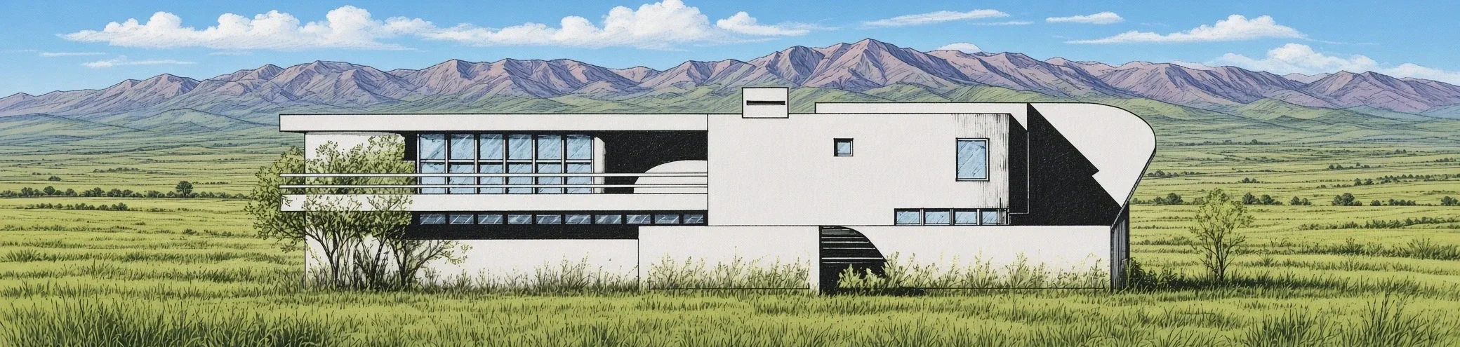 Une maison moderne blanche avec de grandes fenêtres, située dans un paysage de champs verts et de montagnes en arrière-plan.