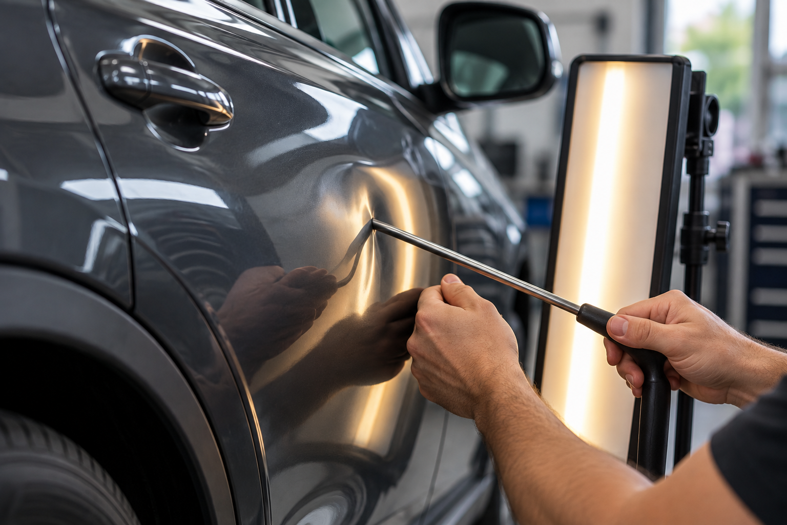 A person repairing a black car's bodywork with a metal pick in a garage, illuminated by a bright light panel.