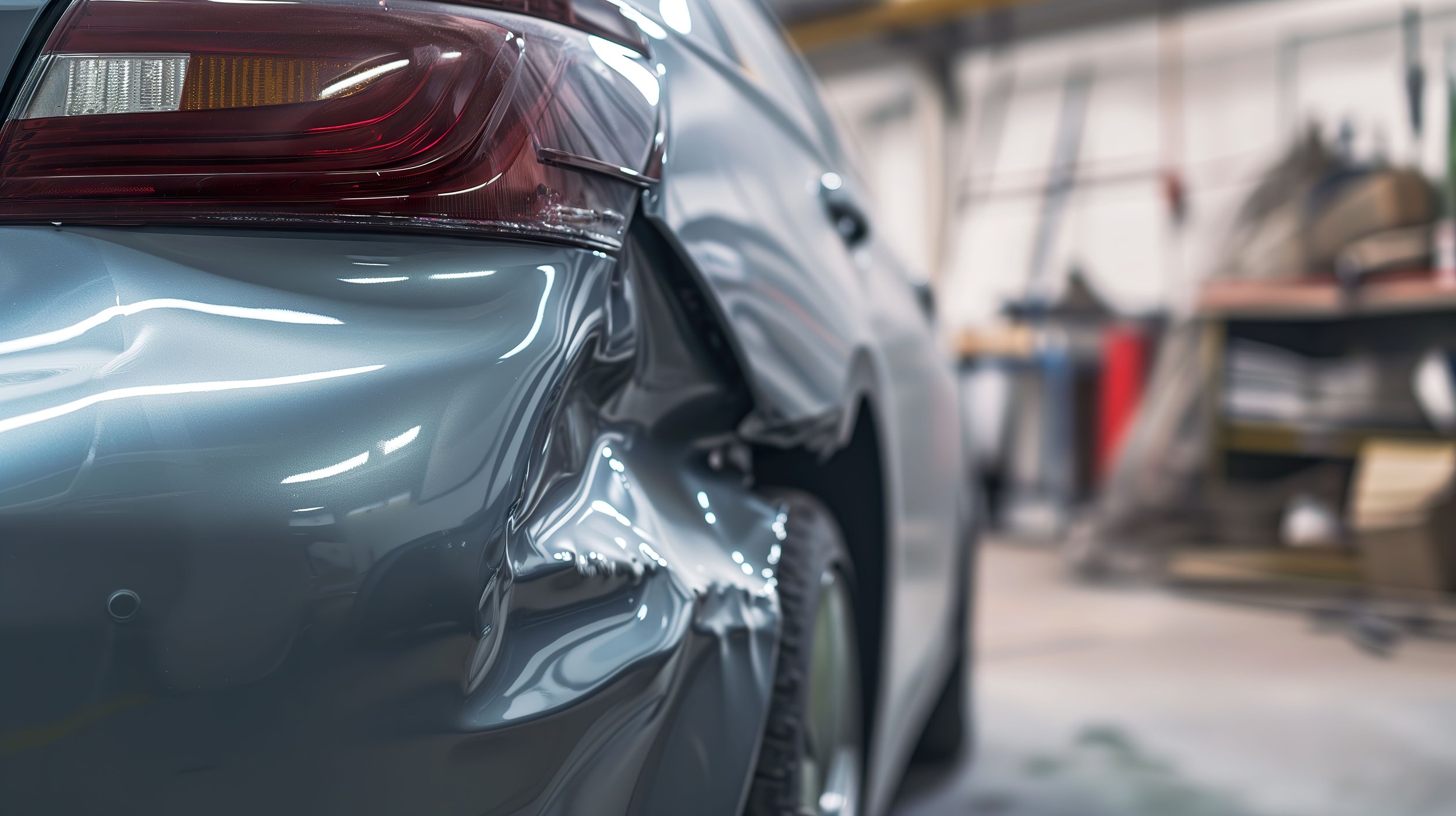 Close-up of a grey car's rear side in a garage or workshop with shelves in the background.