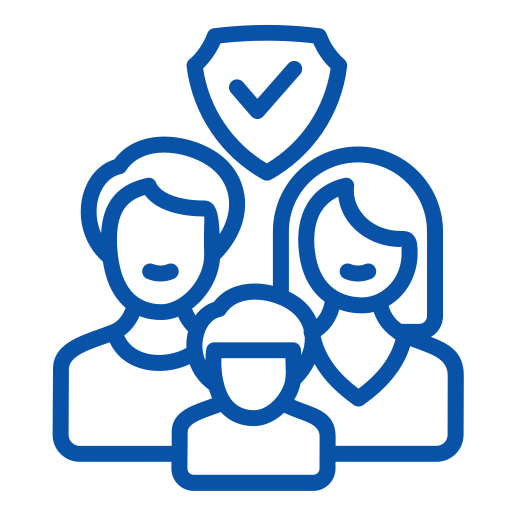 Line drawing of a diverse group of four people, two adults and two children, with a shield and checkmark above them symbolizing security or protection.
