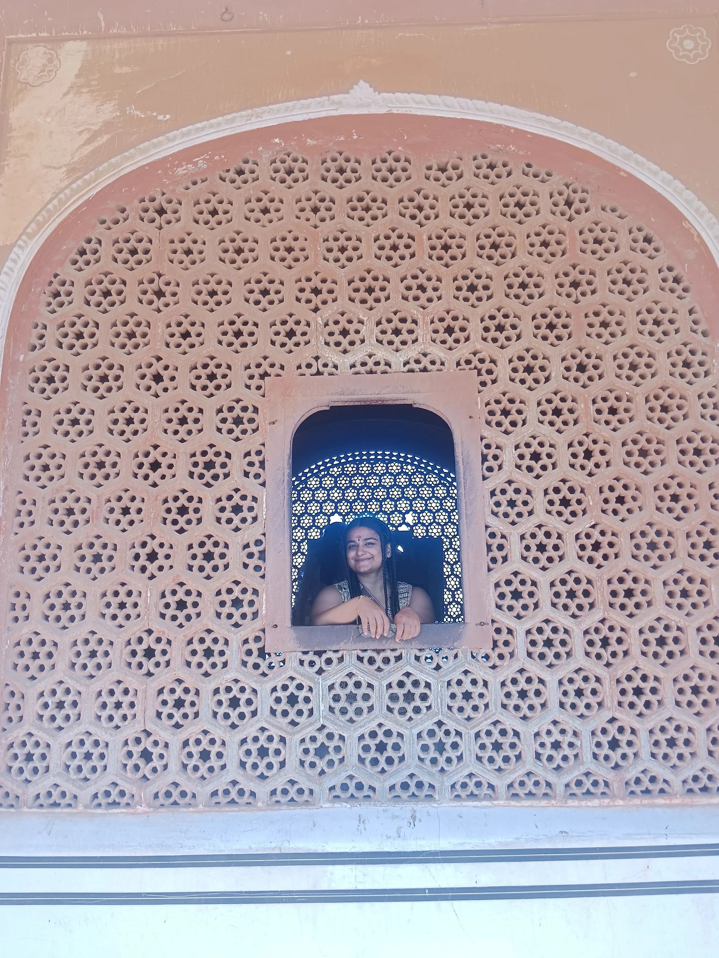 A young woman with long dark hair and traditional Indian attire standing behind a decorative stone window with intricate geometric patterns, against a background of similar patterned stone wall.