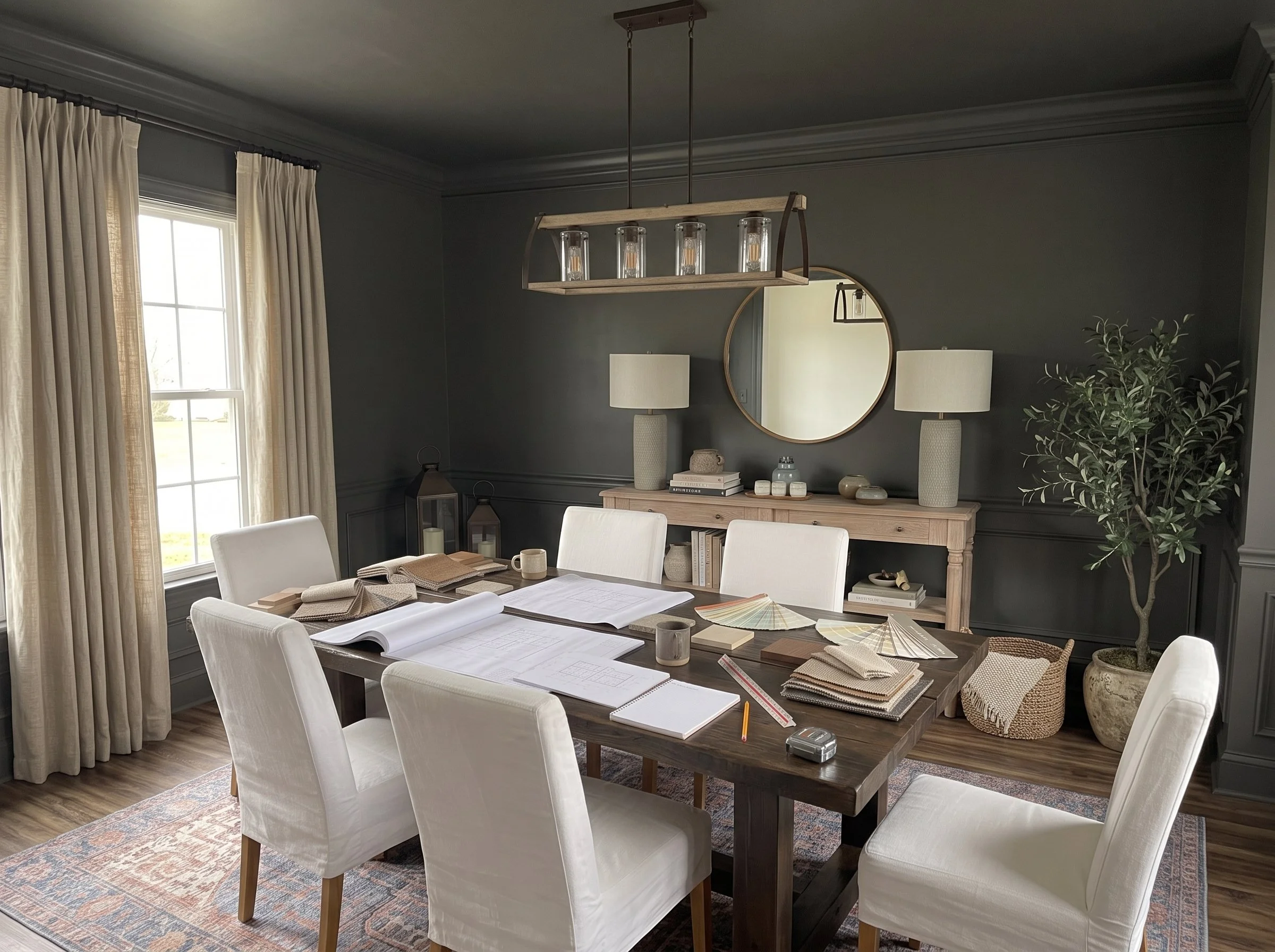A dining room with a dark gray wall, white curtains, a wooden table with chairs, and a sideboard decorated with vases, books, and decorative objects. A round mirror hangs on the wall, and a rectangular chandelier with five glass bulbs is suspended above the table.