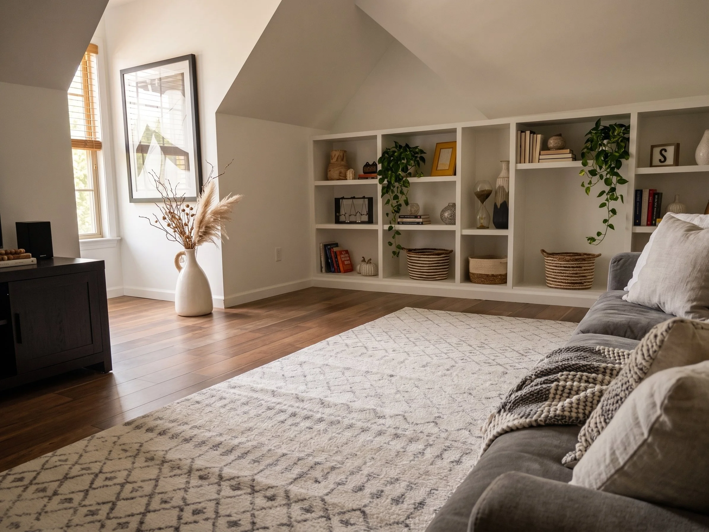 A cozy living room with a white bookshelf filled with decorative items, books, and plants, a window with wooden blinds, a white vase with dried flowers, a framed artwork, and a beige rug on wooden floor.