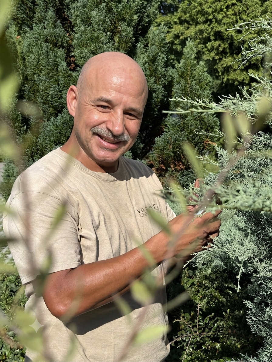 Ein lachender Mann mit Glatze und Schnurrbart, der in einem Garten mit grünem Strauchwerk steht und eine Pflanze berührt.