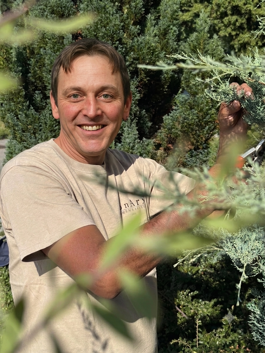 Ein lachender Mann schneidet Weihnachts- oder Gartenpflanzen im Freien, umgeben von grünen Sträuchern und Bäumen.