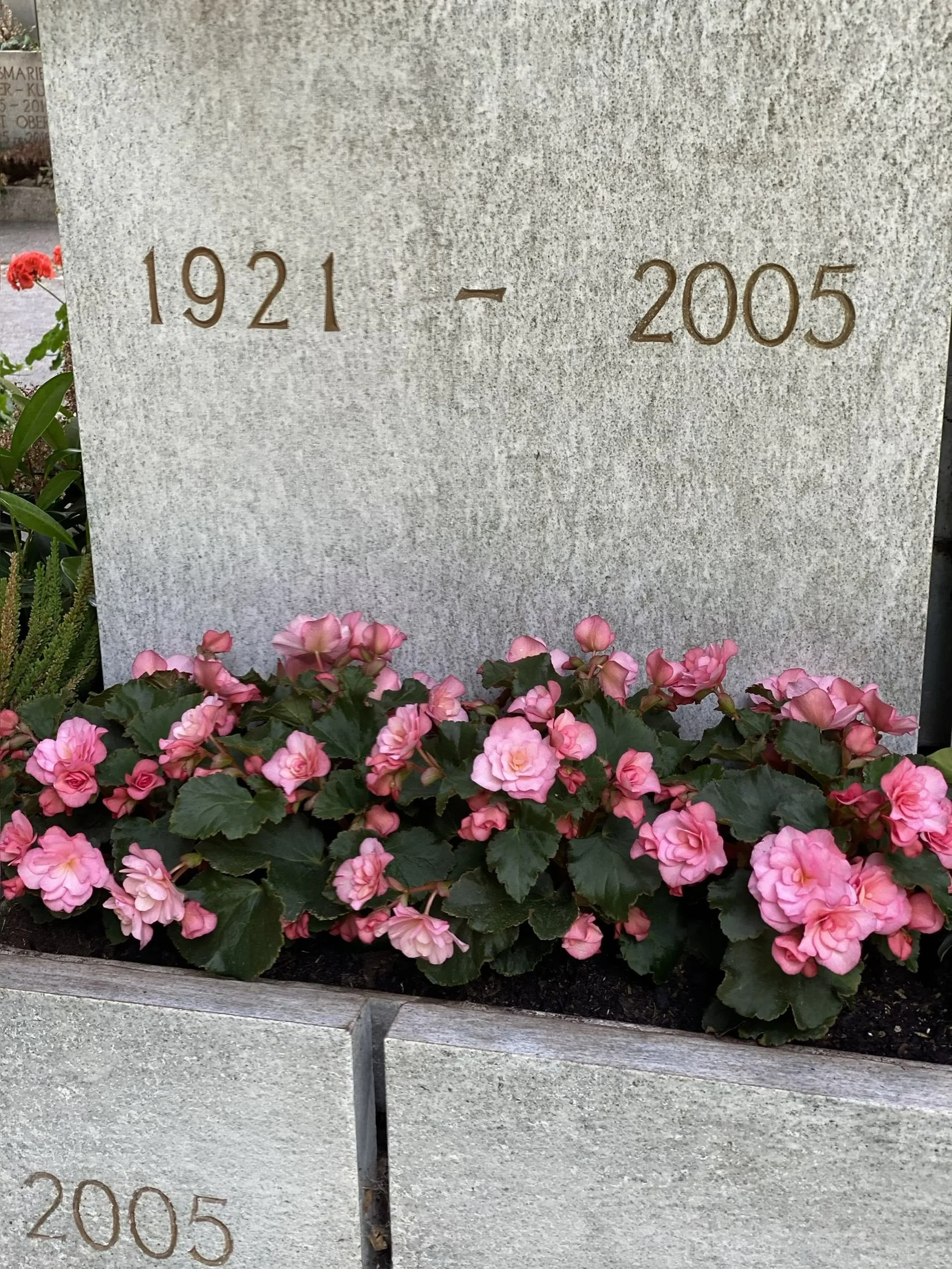 Grabstätte mit der Inschrift '1921 - 2005' und einer Blumenbepflanzung mit pinken und roten Blumen im Vordergrund.