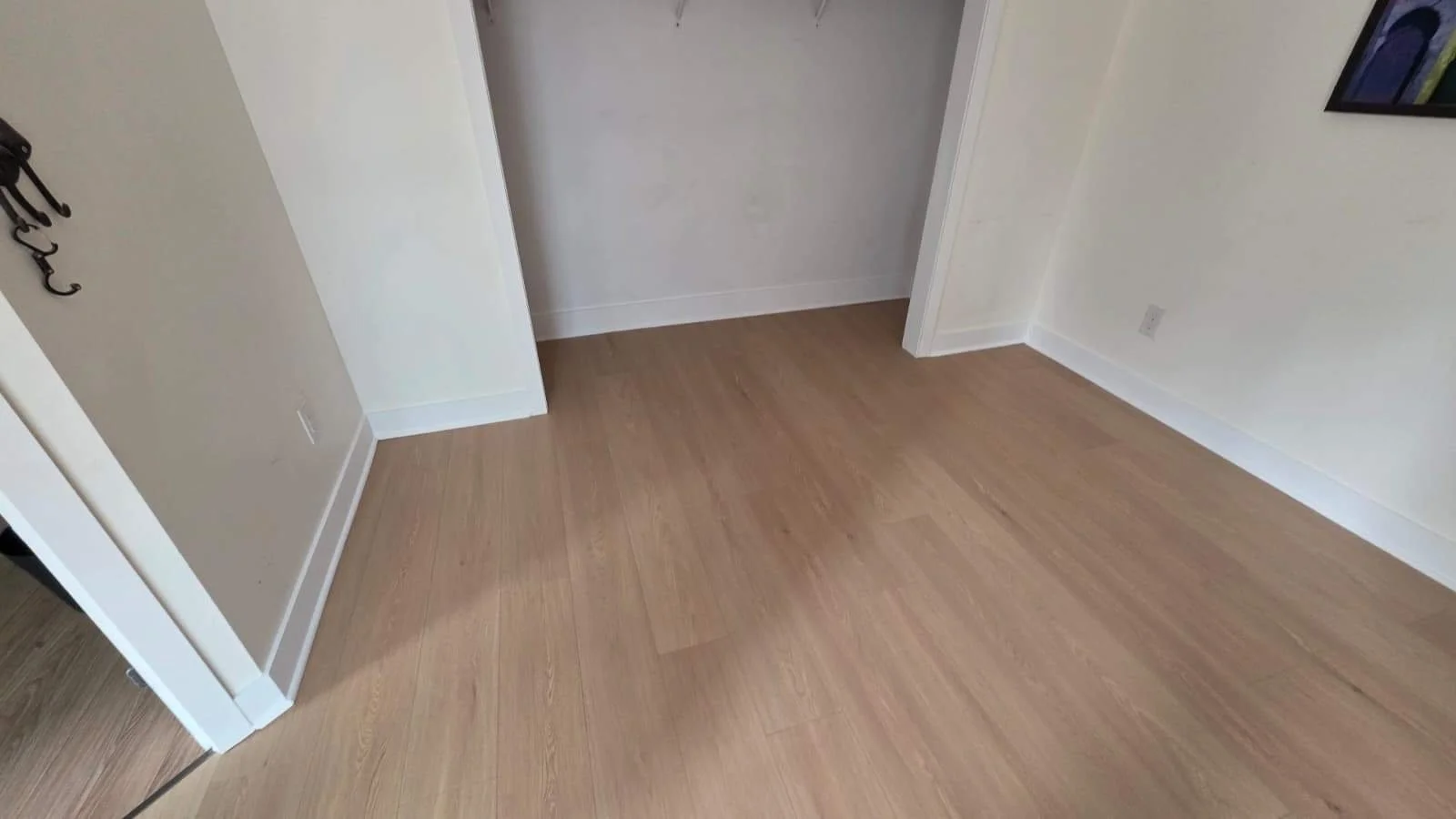 Empty room with wooden flooring, white walls, a coat hook on the left wall, and an open closet area.