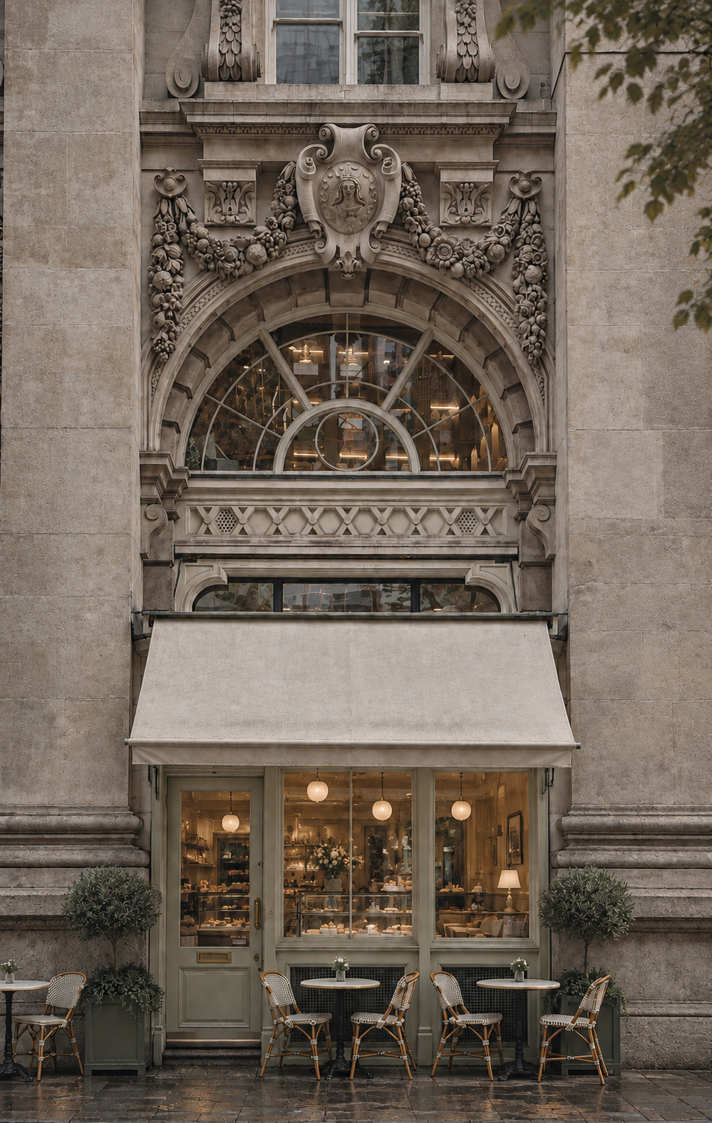 The facade of a vintage-style cafe or restaurant with large windows, an awning, and outdoor seating. The building features intricate architectural details and decorations, including a large ornate clock and decorative carvings above the windows.