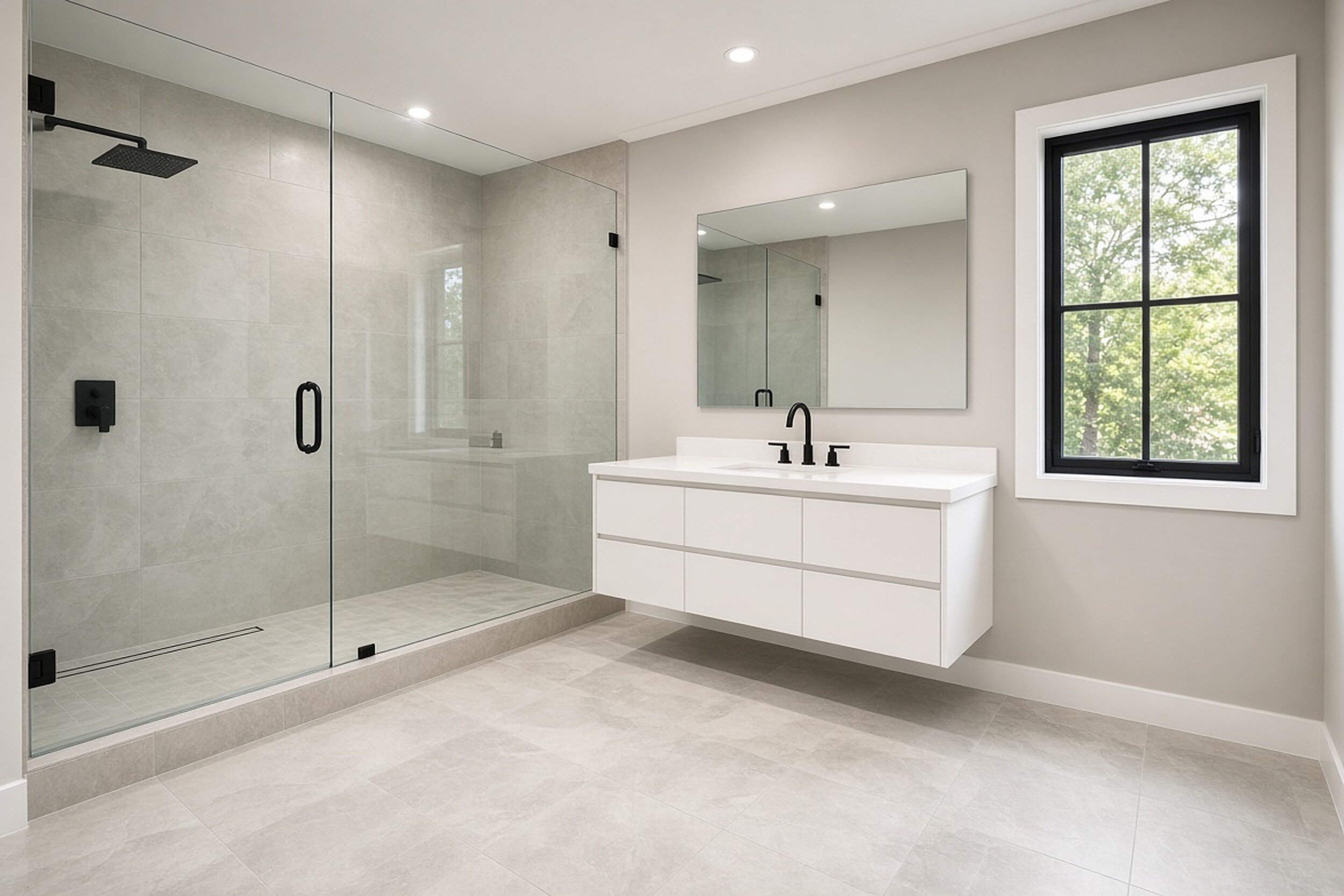 Modern bathroom with a glass-enclosed shower, black fixtures, a large mirror, a white vanity, and a window showing green trees outside.