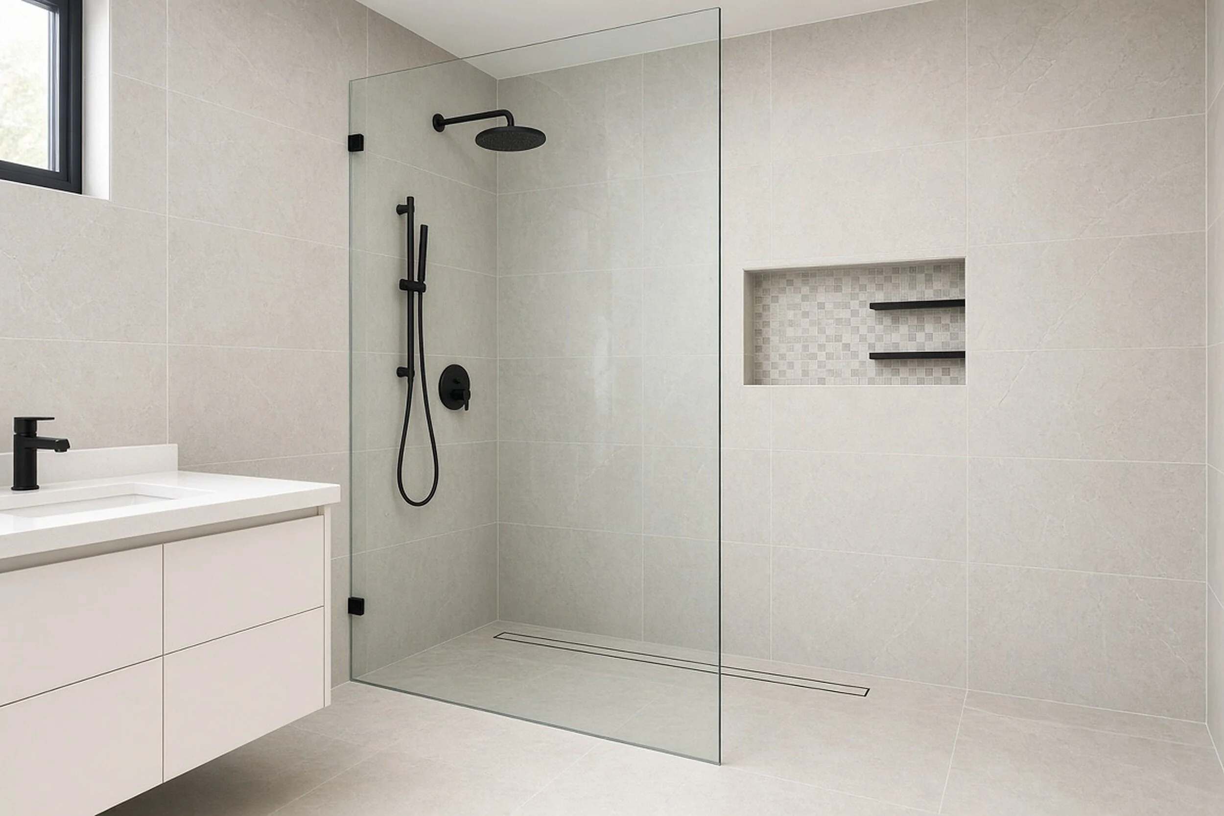 A modern bathroom with a walk-in shower, a black showerhead and fixtures, a built-in tiled shower niche with two black shelves, a white vanity with black faucet, and a small window.