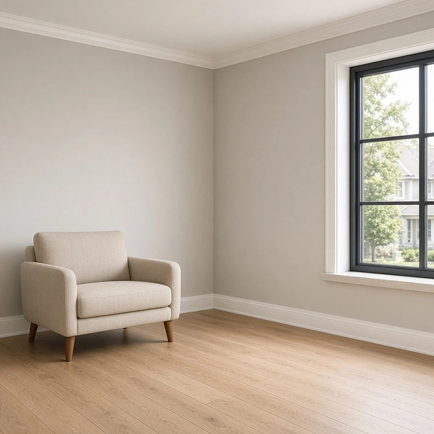 Bright, minimalist room with beige armchair, light wood flooring, and large window with black frame showing trees and neighboring houses outside.