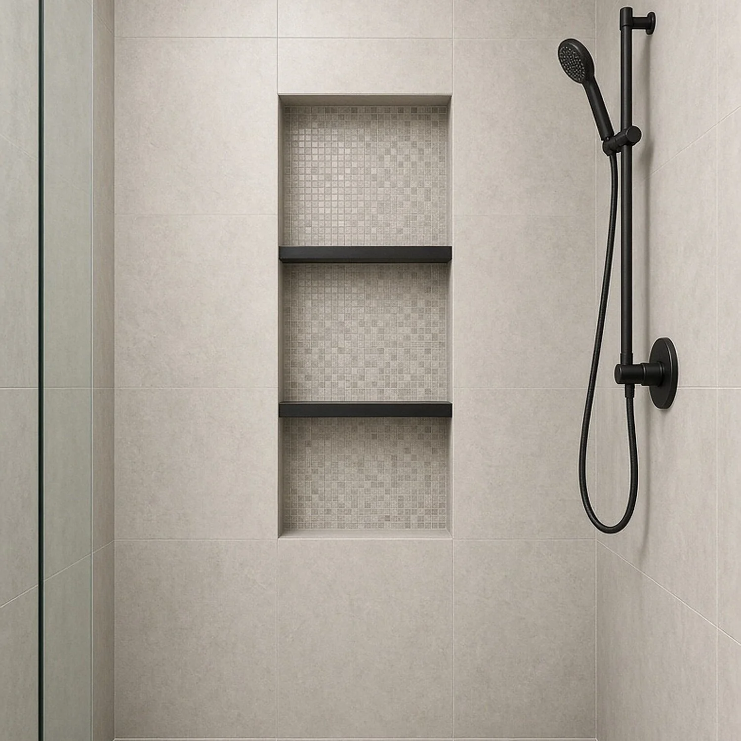 A modern shower with beige tile walls, a built-in tiled shelf, and a black handheld showerhead.