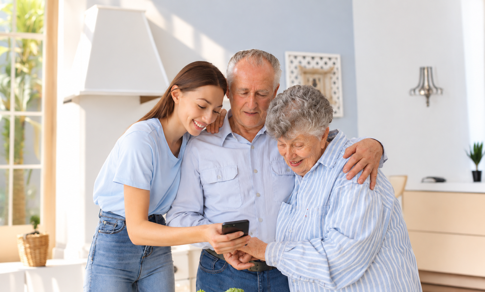 Three generations of a family smiling together while looking at a phone in a bright living room, reflecting the connection and peace of mind Senior Concierge helps bring to seniors and the people who love them.