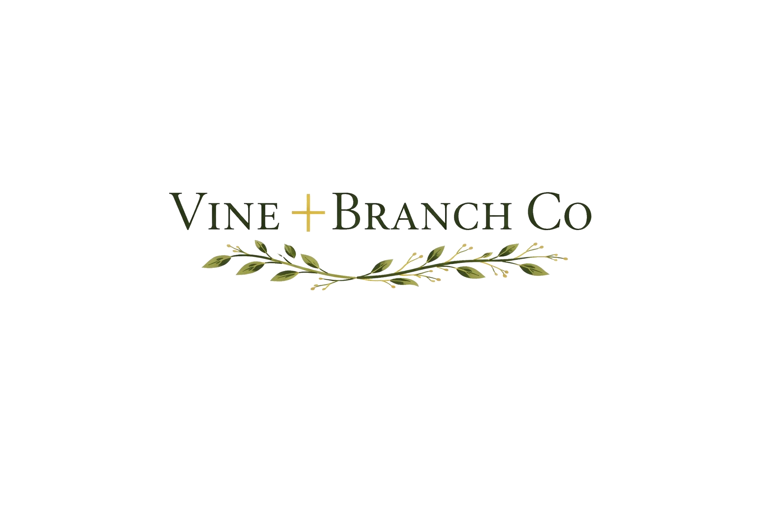 Logo of Vine + Branch Co with green text and decorative green foliage.