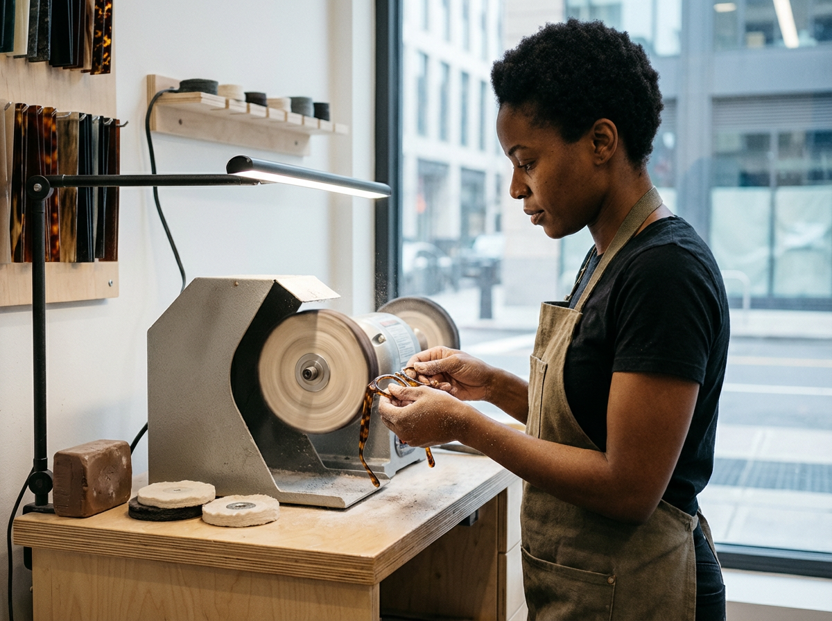 A woman using a rotary tool grinder to polish or shape a pair of tortoise shell sunglasses in a workshop.