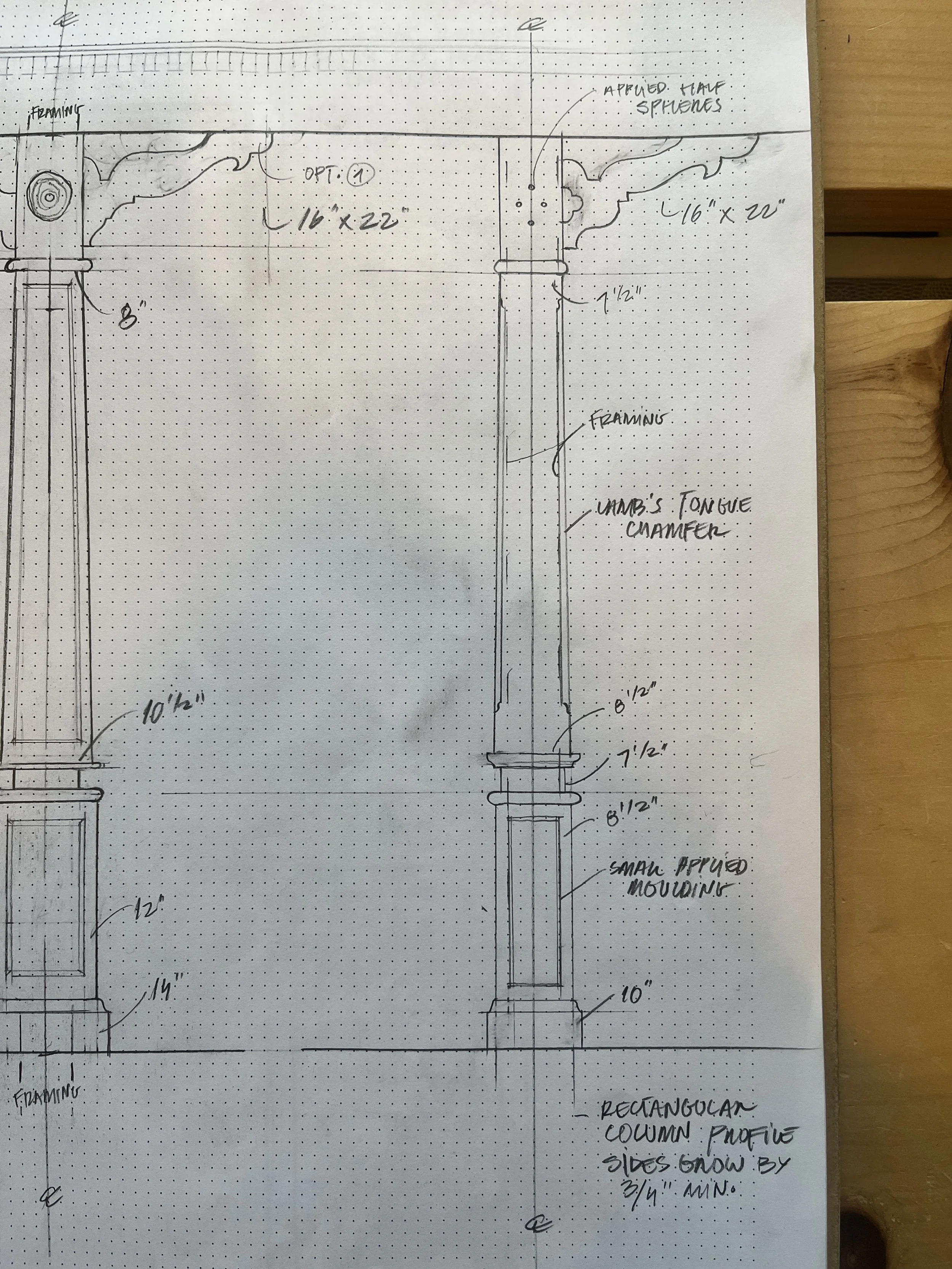 A detailed architectural or engineering drawing of a pedament with various measurements and annotations, including columns, framing, and molding details.
