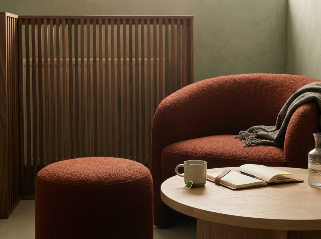 Een gezellige zithoek met een oranje-rode bank en voetenbank, een houten salontafel met een open boek, een groene mok en een vaas, tegen een groene muur.