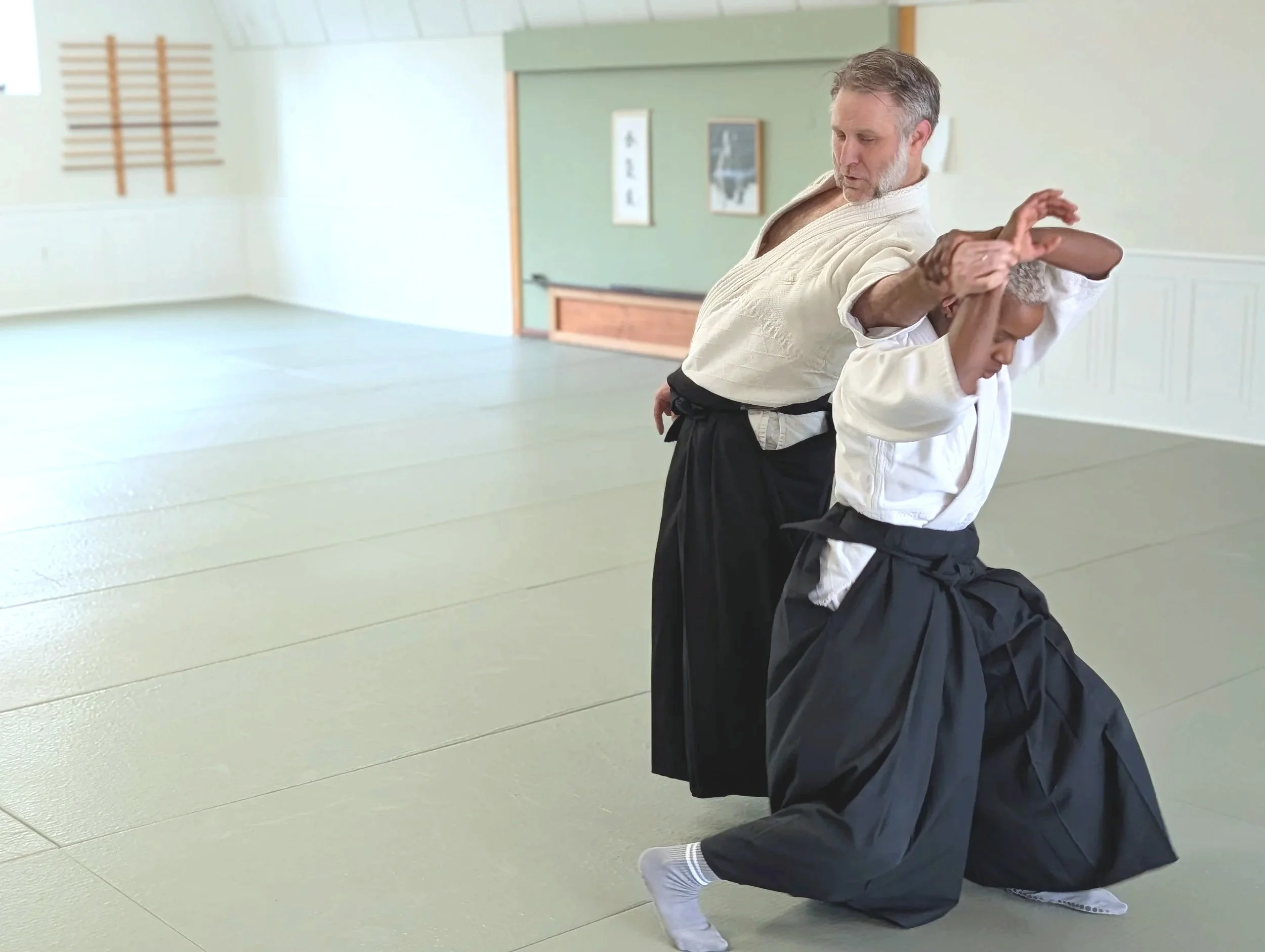 Instructor, Steve Nelson, Fuku Shidoin of Aikido of Norfolk in VA, and student practicing Aikido in a dojo, with one performing a throw (shihonage) on the other, both wearing traditional white uniforms and black hakamas.