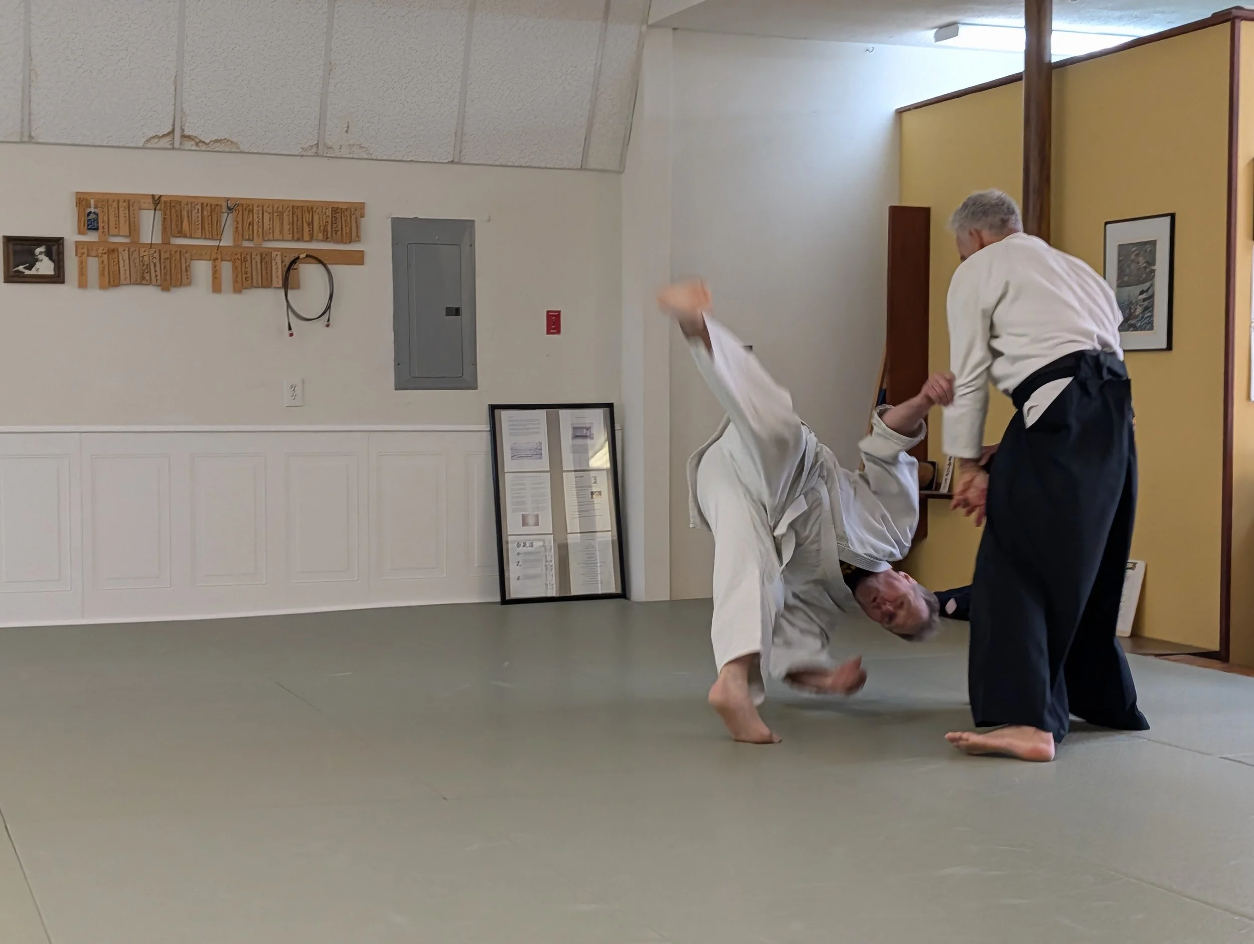 Two people practicing Aikido at Aikido of Norfolk, VA. One person is executing a throw (kote gaeshi).
