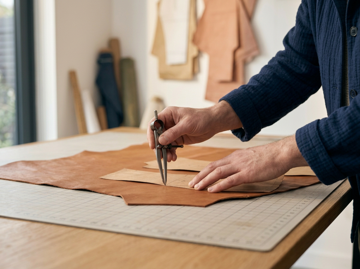 Person measuring and cutting leather with a compass on a work table.